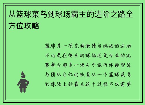 从篮球菜鸟到球场霸主的进阶之路全方位攻略